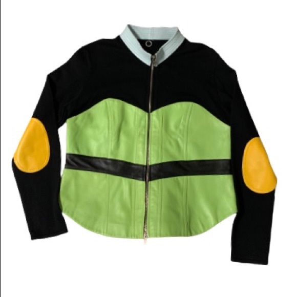 ONE GIRL WHO Multicolor Chevron Leather Patch & Knit Zip Jacket Shacket Sweater - Picture 7 of 12